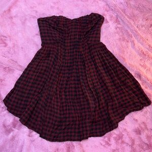 Kimchi Blue Black and Red Plaid Asymmetrical Strapless Dress w/ Boning in Bodice